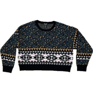 Wrangler Retro Womens Teal Leopard Southwestern Knit Sweater Medium